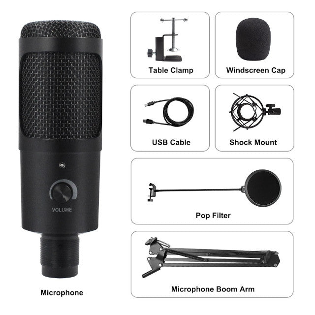 USB Microphone with Boom Arm, Pop Filter, Windscreen, Shock Mount, Table Clamp, Stand